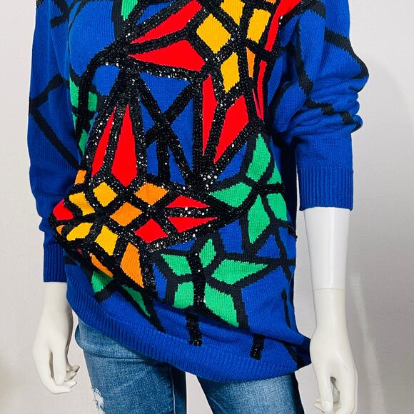 Knit Sweater Women's Medium Blue Church Stained Glass 80s Vintage Art To Wear - Picture 13 of 15